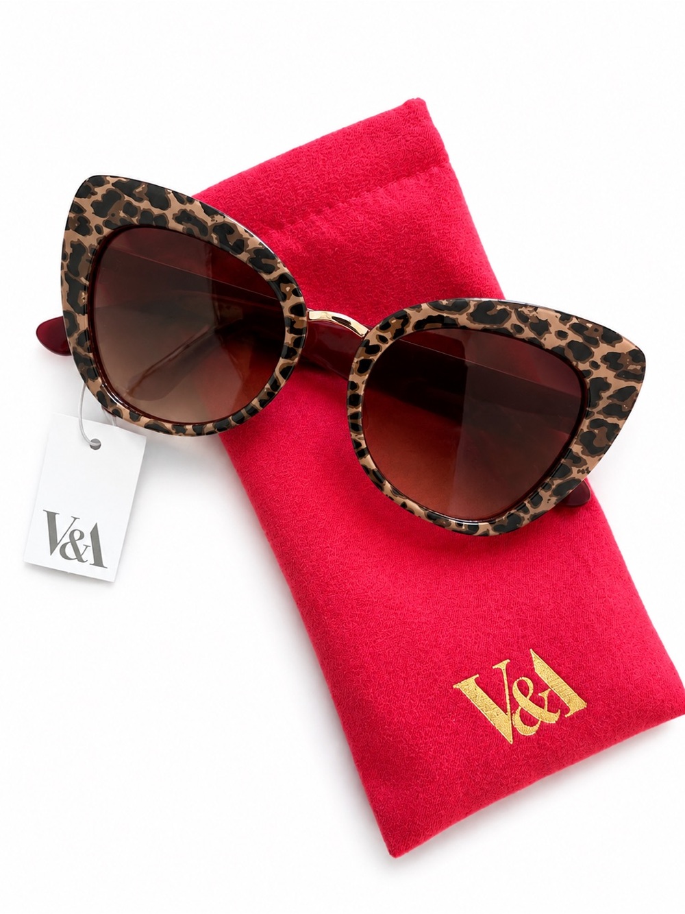 V&A Leopard Cat Eye Sunglasses – Oversized Retro Glam Style-New w/Tags